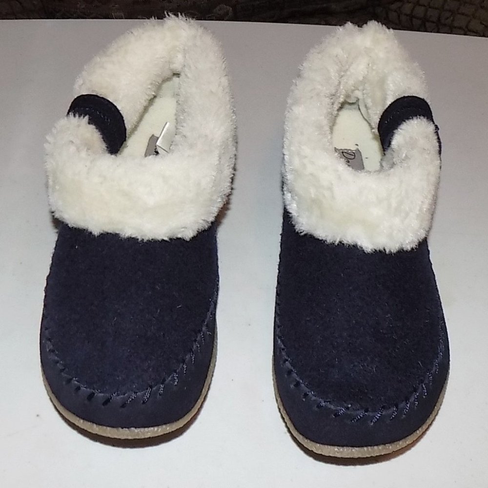 New Daniel Green Anika navy felted wool, navy suede and faux fur slippers 6M